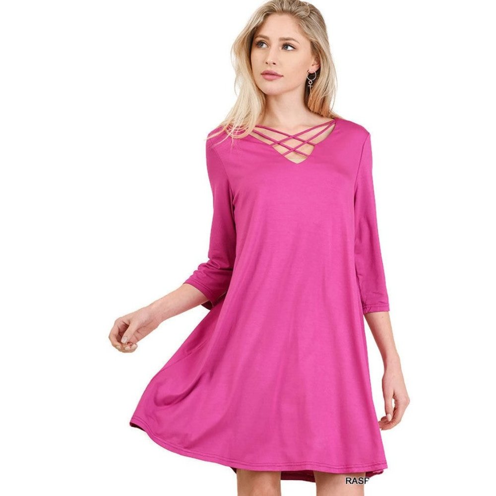 Umgee Crossed Neck Shift Dress, Raspberry